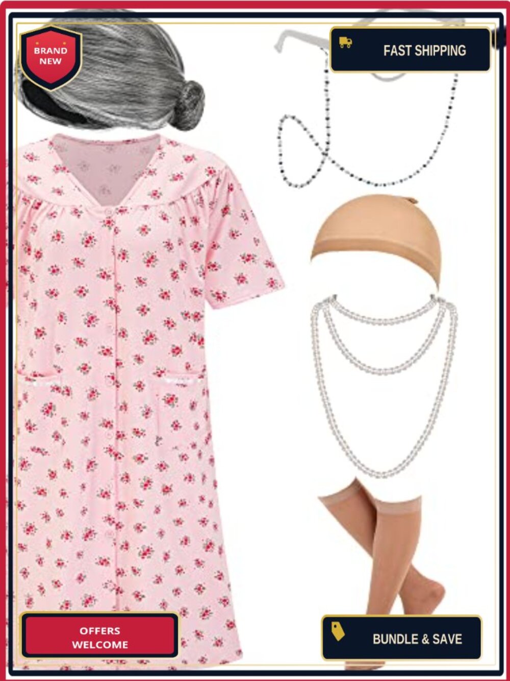 Old Lady Costume Set Women Dress Wig Cane Halloween Cosplay